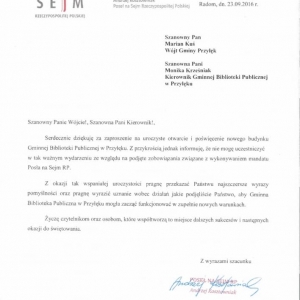 List gratulacyjny - Poseł Andrzej Kosztowniak